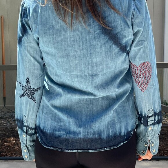 Sundry | Denim Tie Dye Long Sleeve Shirt | Star Heart Embroidery on Elbows | M - Picture 8 of 12